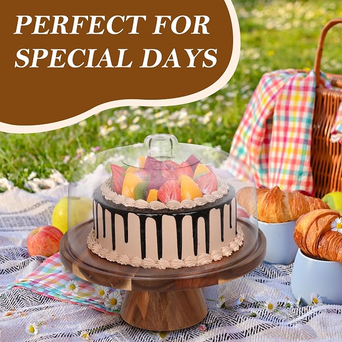 Bellsal Cake Stand with Clear Acrylic Dome Lid, 12in Acacia Wood Cake Holder with Lid, Cake Plate with Lid for Baking Gifts, Cake Display Server Tray for Birthday Party Weddings, Housewarming Gift