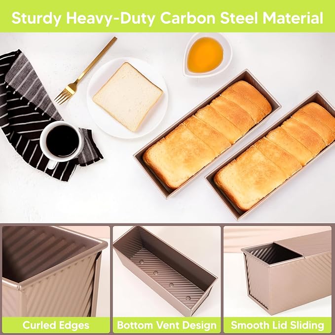 Pullman Loaf Pan with Lid, 2.2Lb 12.5 x 4.6 inch Carbon Steel Bread Pan for Shokupan Japanese Milk Bread, Non-Stick PFOA-Free Silicone Coating, Pain de Mie Sandwich Loaf Tin with 3 Scrapers