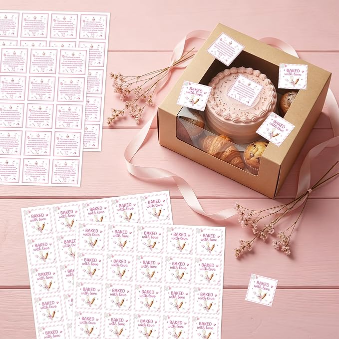 PANTIDE Cottage Food Law Labels Stickers - 1000 Count Baked with Love Adhesive Square Decal, Made in A Home Kitchen Inspection Statement for Bakery Small Business Packaging (1.5 x 1.5 Inch, Pink)