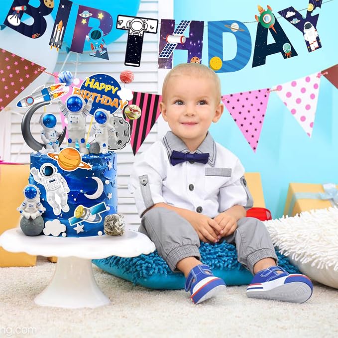Astronaut Figurines Space Cake Toppers Astronaut Planet Rocket Satellite and Star Space DIY Cake Toppers for Space Theme Party Birthday Party Baby Shower Supplies (Blue)