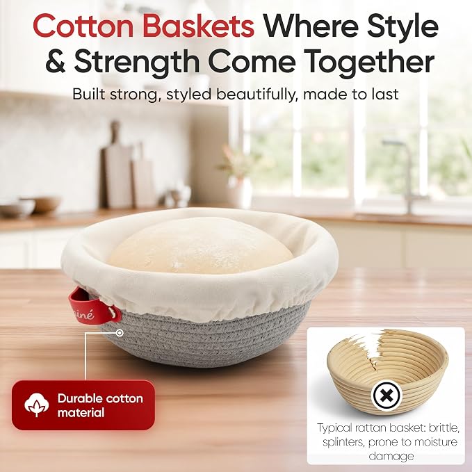 Levainé 2 Pack Cotton Rope Banneton Bread Proofing Basket Set, Round & Oval Sourdough Proofing Baskets with Liners and Covers, Washable Bread Baking Supplies for Homemade Artisan Bread