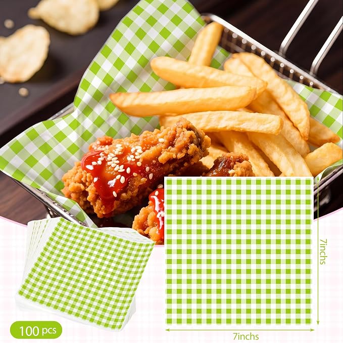 100pcs Waxed Deli Paper Sheets, 7x7" Food Basket Liners for Sandwiches, Burgers. Classic Checkered Deli Wrap Wax Paper Sheets by Neyimqr (Green)