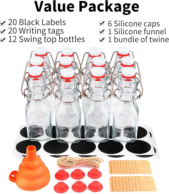 12 Pack 4oz Swing Top Glass Bottles, 125ML Square Bottles with Airtight Stoppers for Kombucha, Kefir, Vanilla Extract, Beer(Bonus Gaskets, Labels and Funnel)