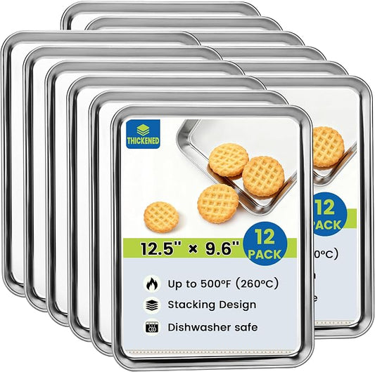 BIEAMA 12 Pack Stainless Steel Toaster Oven Baking Sheets, 12.5 x 9.6 in | Stainless steel pans with no chemical coating, mirror-polished finish and rolled edges; dishwasher safe, oven safe to 500°F.