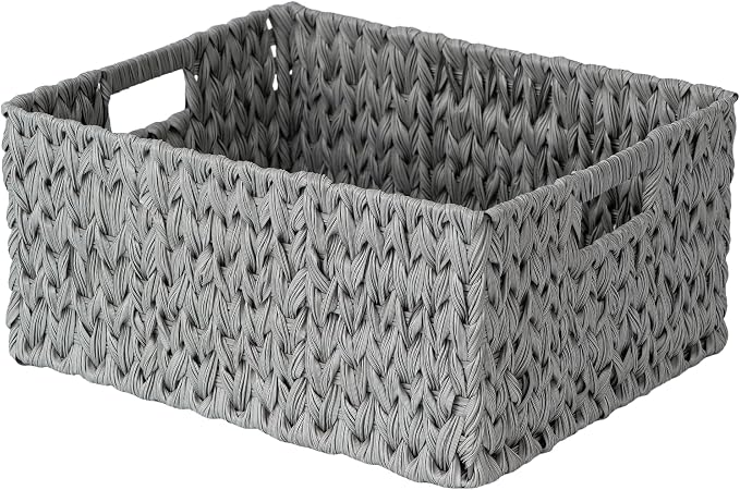 JS HANGER Large Woven Rattan Storage Basket with Handle for Organizing Waterproof Plastic Wicker Basket for Bathroom, Living Room 16.53’’ x 12.8’’ x 7.5’’ Grey