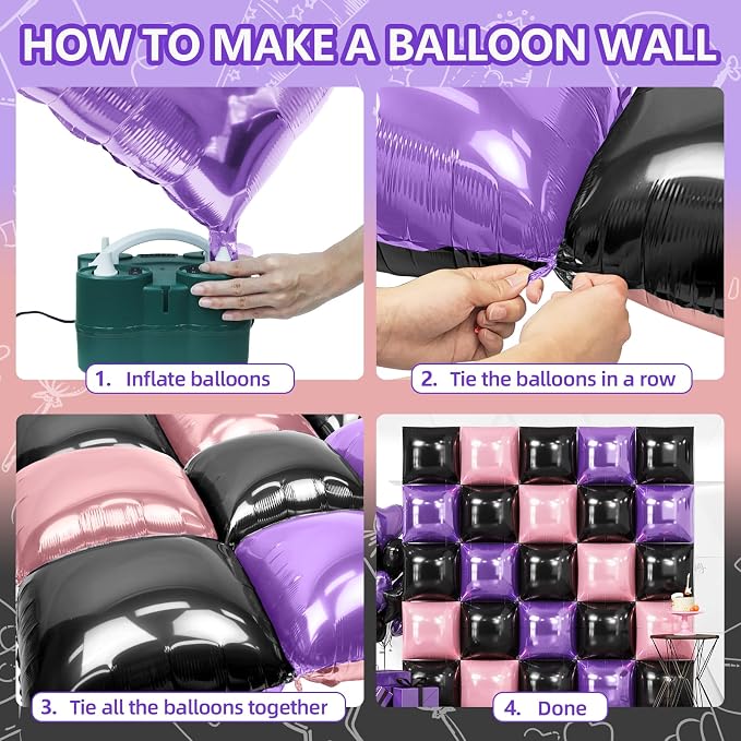 NISOCY 25PCS Purple Pink Black Square Foil Balloons Wall Backdrop Double Sided Black Pink Balloon Arch Kit for Birthday Baby Bridal Shower Carnival Cocktail Girls Theme Party Decoration