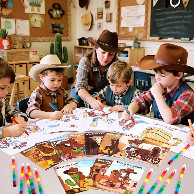 BenLouis 12 Western Cowboy Mini Coloring Books Kids with 12 Stacking Crayons Wild West Party Favors Small Activity Books Bulk for Kids Yee Haw Rodeo Party Horse Gift Goodie Bag Stuffers