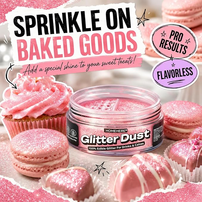 HomeHere Edible Glitter for Drinks & Cakes, 10g Food Grade Disco Diamond Glimmer Dust, Sparkle Powder for Cocktails, Chocolate, Baking Decorations, Vegan& Tasteless (Light Pink)