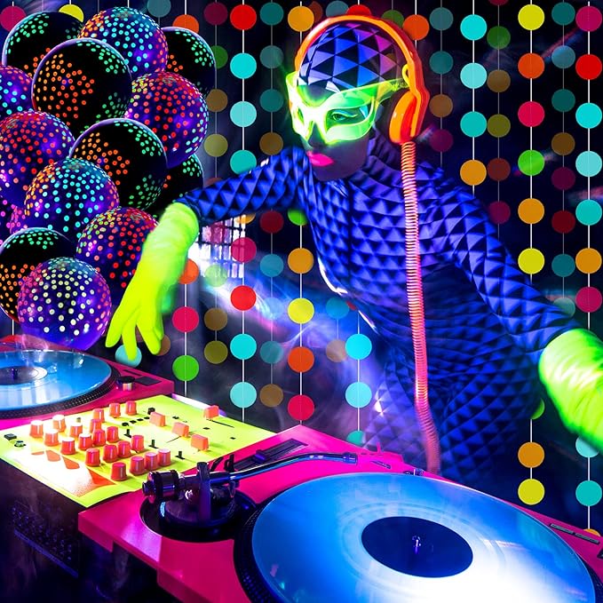 Skylety 32 Pcs Glow in The Dark Party Supplies Neon Party Favors with 25 Fluorescent Balloon 6 Rolls 98.4 ft UV Blacklight Luminous Tape 14.4 ft Neon Streamer Garland for Adults(Bright Dot)