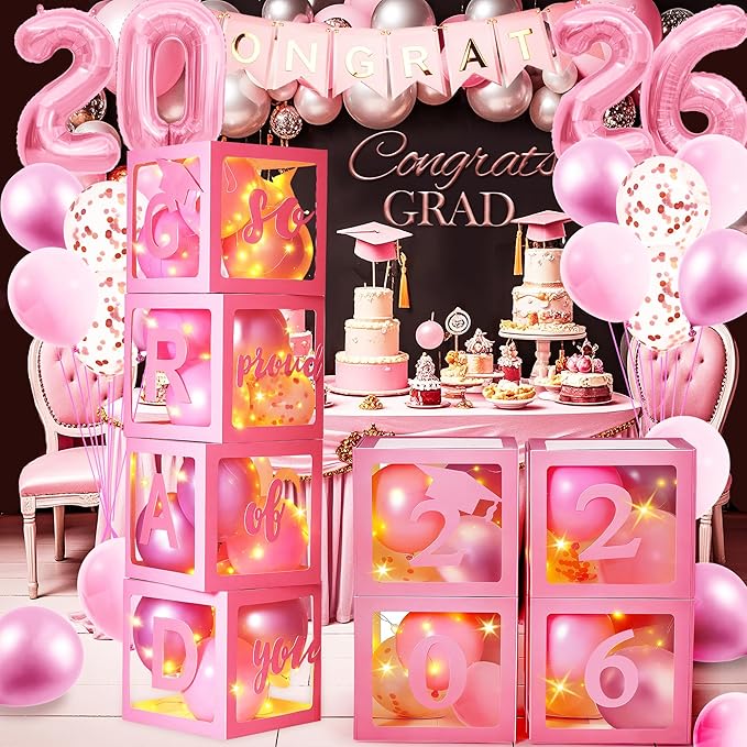 AYGXU Graduation decorations class of 2026 pink- Graduation Decorations, Balloons Box (4PCS) with letters&balloons,balloon stand set for table,LED String Light,graduation party decorations