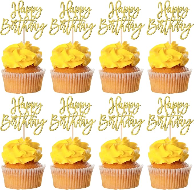 24 PCS Happy Birthday Cupcake Toppers Glitter Picks for Celebrating Anniversary Theme Party Cake Decorations Supplies Gold