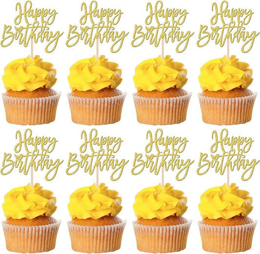 24 PCS Happy Birthday Cupcake Toppers Glitter Picks for Celebrating Anniversary Theme Party Cake Decorations Supplies Gold