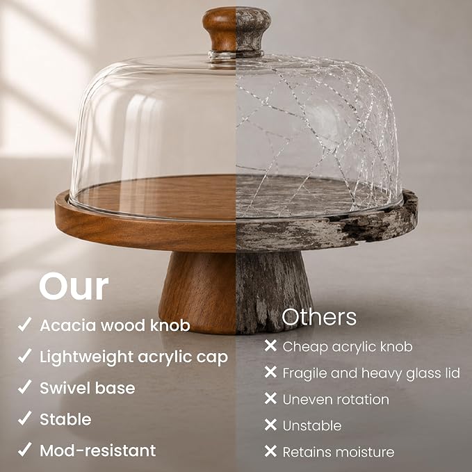 Acacia Wood Cake Stand with Lid Anti-Mold 12 Inch - 2-in-1 Wooden Charcuterie Board - Covered Dessert Plate with Acrylic Dome - Vintage Pastry Display -Tall Domed Serving Stand Platter - Brown
