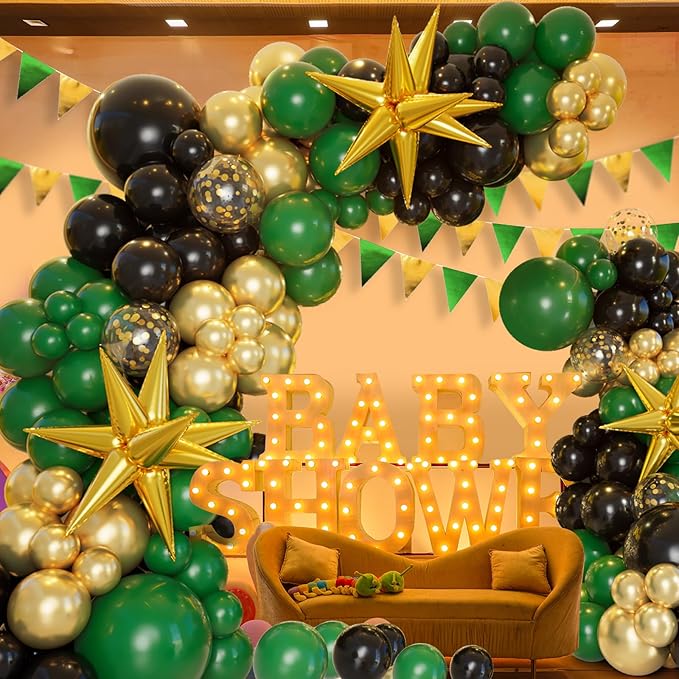Bonropin 161pcs Green and Gold Black Balloon Arch Kit with Explosion Star Balloons, 5/10/12/18in Emerald Forest Dark Green Black Metallic Gold Balloons for Birthday Graduation Wedding Party Decoration