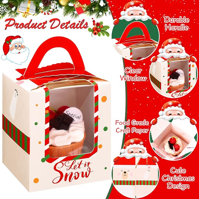 TaoBary 24 Pcs Christmas Cupcake Boxes Xmas Individual Cupcake Box Christmas Cookie Boxes with Window Insert Handle Muffin Pastry Holder Bakery Treat Box for X-mas Party(Bear)