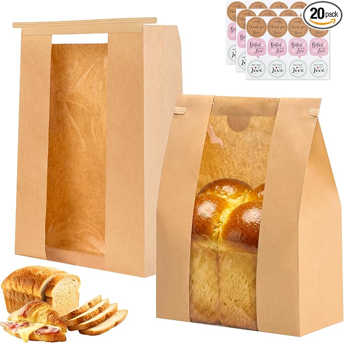 Moretoes 20 Pack Paper Bread Bags for Homemade Bread, 13.7x8.3x3.5 Inches, Sourdough Bread Bags with Tin Tie Tab and Clear Front Window, Includes 36 Label Seal Stickers