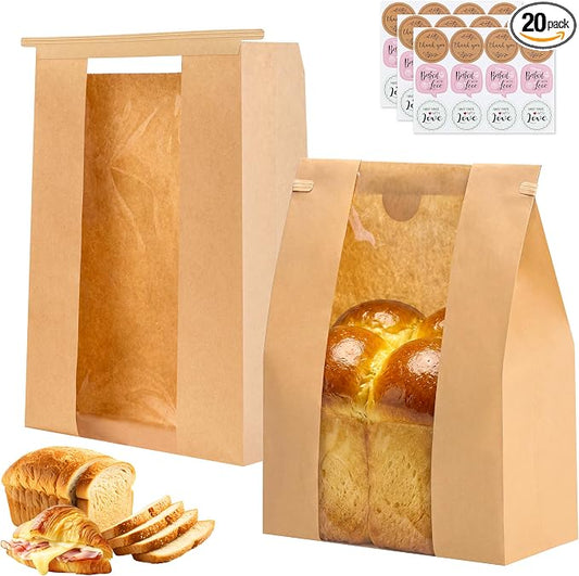 Moretoes 20 Pack Paper Bread Bags for Homemade Bread, 13.7x8.3x3.5 Inches, Sourdough Bread Bags with Tin Tie Tab and Clear Front Window, Includes 36 Label Seal Stickers