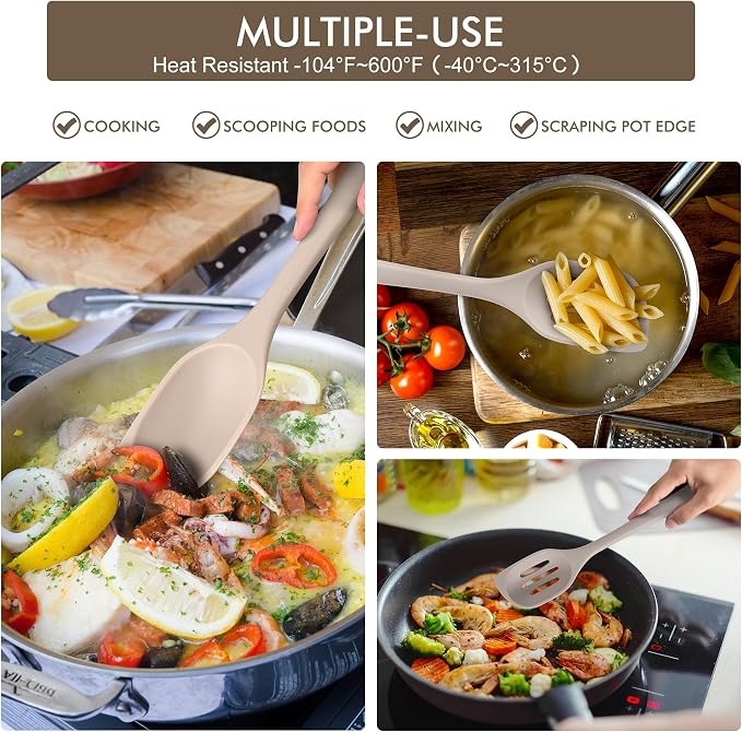HOTEC Heat Resistant Silicone Cooking Spoon Spatula, Large Kitchen Solid and Slotted Spoons for Mixing, Serving, Scraping, Non-stick, Dishwasher Safe Khaki 12.5inch
