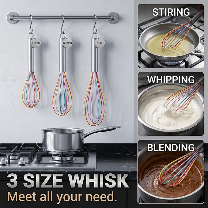 Silicone Whisk,Stainless Steel Wired Wisk Set 8" 10" 12",Heat Resistant 480°F,Perfect for Non-Stick Cookware, Kitchen Whisks for Whisking, Cooking, Baking, Beating & Frothing (Rainbow)