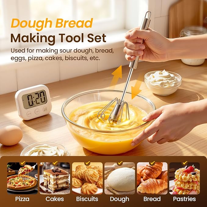 Danish Dough Whisk & Egg Whisk Set for Sourdough Bread, 2PCS Bread Dough Mixer for Sourdough, Pizza, Batter, Eggs & Cream, Heavy Duty Baking Whisks, 12-Inch