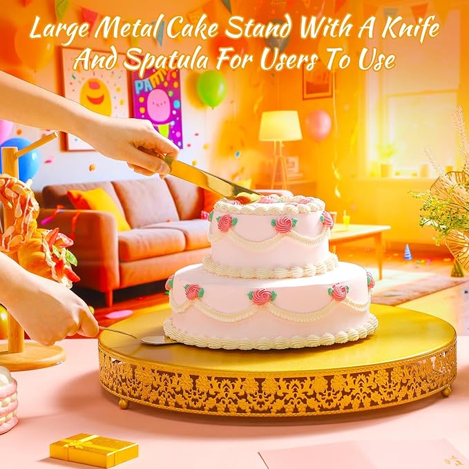 Wenqik 18 Inch Gold Cake Stand Set Metal Round Cupcake Dessert Stand with Cake Cutting, Flower Spatula Wedding Cupcake Pastry Display Candy Holder Display for Wedding Party Birthday Baby Shower