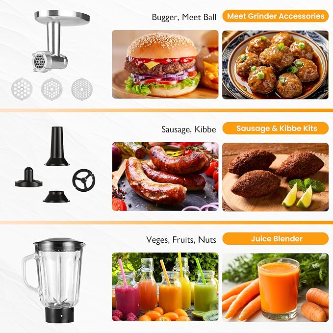 Stand Mixer with 6.5-QT Bowl: 400W Electric Kitchen Mixer with Dough Hook, Whisk & Beater, 3-in-1 Food Processor & Meat Grinder Attachment, For Baking, Bread, Pasta, Cookies