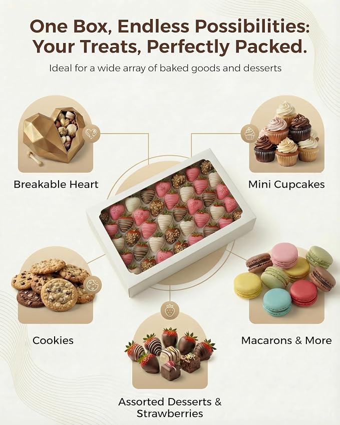 4pcs Cookie Boxes with Window 14x10x2.5 inch, Large Bakery Boxes, Auto-Popup Treat Box for Desserts, Chocolate Covered Strawberries, Breakable Heart, Pastries, Cajas Para Postres with 80 Stickers