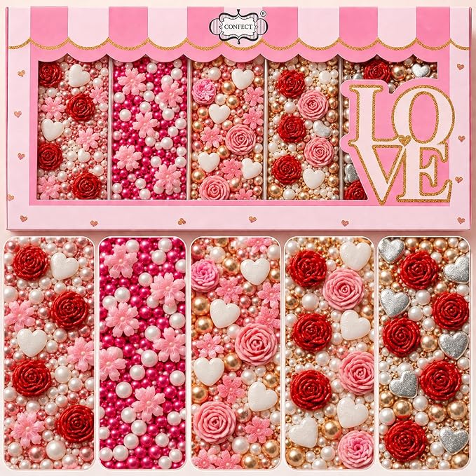 Confect Sprinkle Pink Mini Roses & Lips I Silver Hearts & Vermcelli and White Pearls | Sprinkles for Baking & Cake Decorative | Baby Shower Sprinkles | Vegan, Gluten-Free, Nut-Free, Soy-Free, Dairy-Free , Handcrafted Sprinkle - 5 Oz