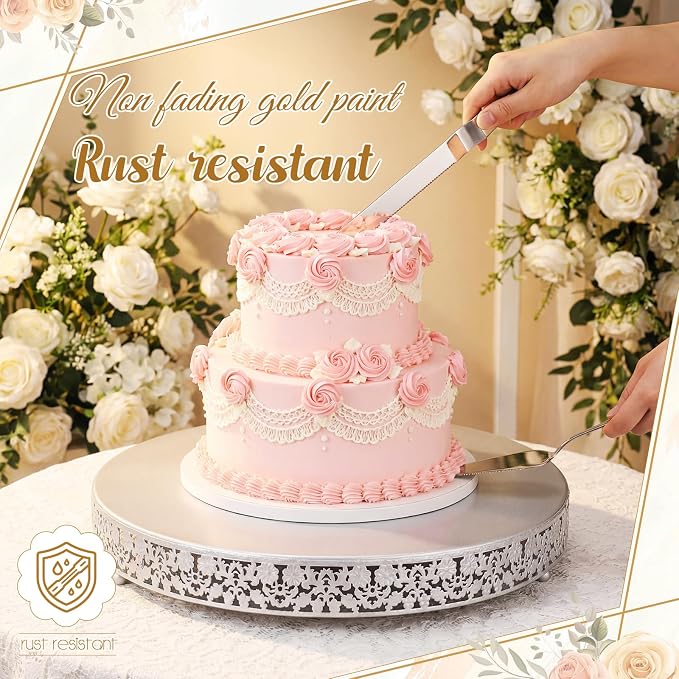 Wenqik 18 Inch Silver Cake Stand Set Metal Round Cupcake Dessert Stand with Cake Cutting, Flower Spatula Wedding Cupcake Pastry Display Candy Holder Display for Wedding Party Birthday Baby Shower