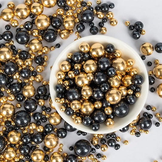 Edible Pearl Sprinkles for Cake Decorating,130g Black and Gold Candy Sprinkle Mixing Size,Baking Pearls Cake Cupcake Toppers,Cookie Donuts Ice Cream Decorations,Wedding Birthday Party Supplies