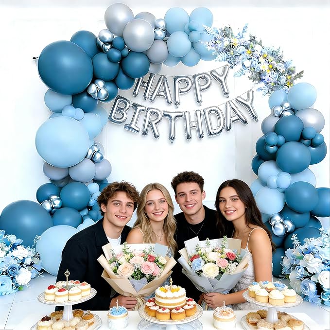 Blue Silver Gray Balloons Garland Arch Kit, Dusty Blue Metallic Silver Balloon Arch Kit for Birthday Baby Shower Wedding Graduation Father’s Day Gender Reveal Bachelorette Engagement Party Decorations