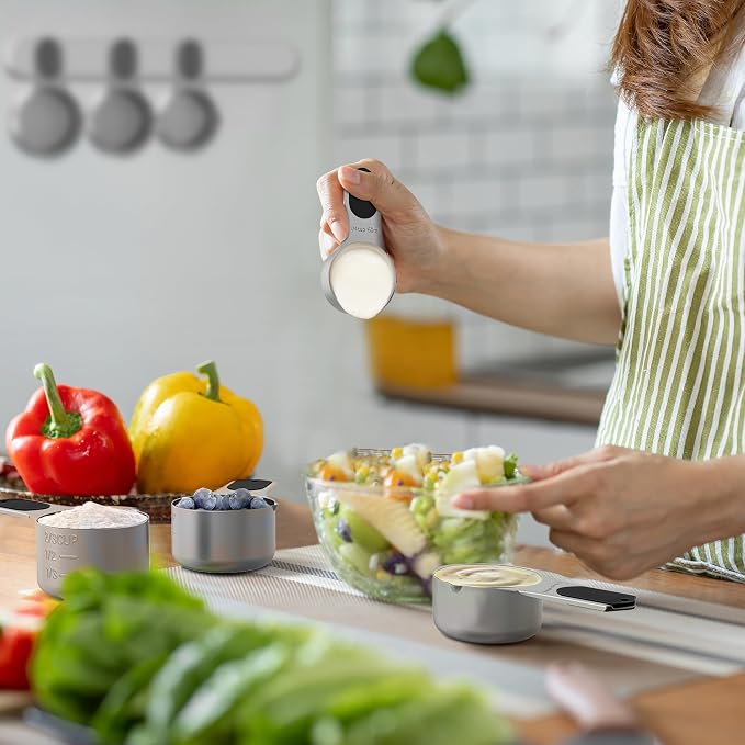 Measuring Cups and Spoons Set,304 Stainless Steel 5 Magnetic Measuring Cups and 8 Sigle Sided Measuring Spoons with 1 Leveler,Kitchen Gadgets for Cooking & Baking