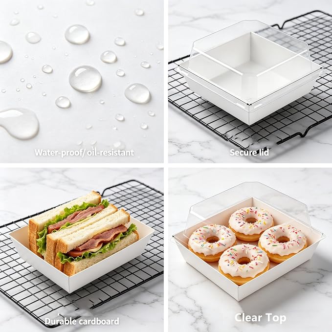 100 Pack Charcuterie Boxes with Clear Lids, White Paper Cake Sliced Boxes, 5 Inch Cute Square Dessert Boxes for Swiss Roll, Hamburger, Pasta, Salad, Cookie Wedding, Birthday