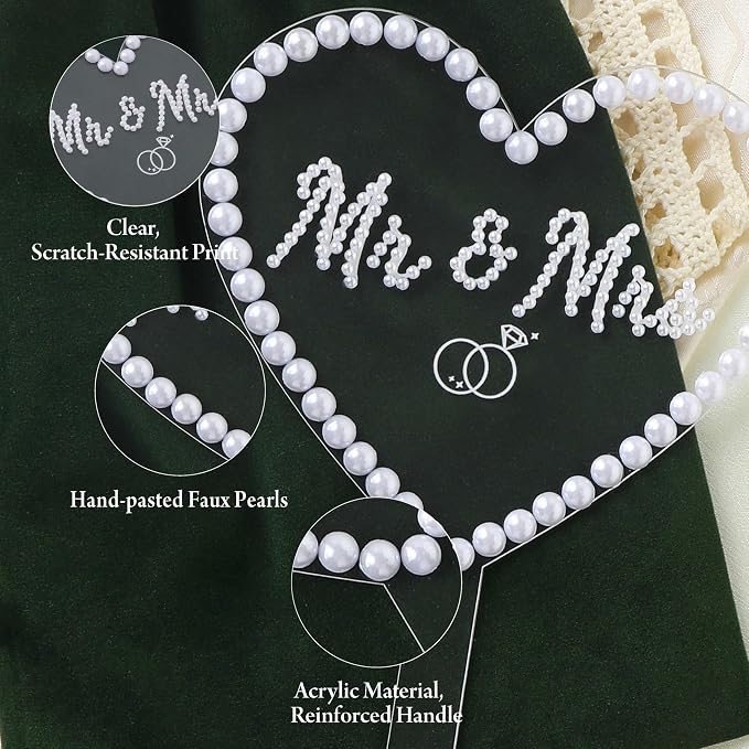 Coucoland Mr and Mrs Cake Topper - Heart Wedding Cake Decor with Elegant Mini Pearl Beads for Engagement Bridal Anniversary