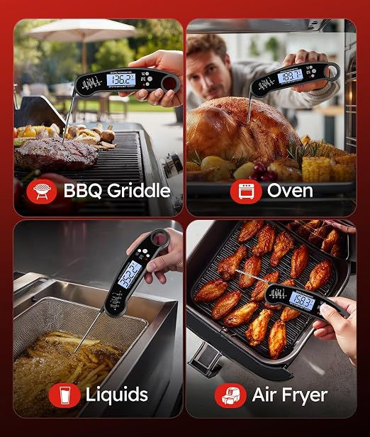Meat Thermometer Digital – Instant Read Food Thermometer for Grilling, BBQ, Air Fryer, Smoker, Candy Making with Foldable Probe, Kitchen Gadgets, BBQ Essentials, Gift for Dad, Men, Black