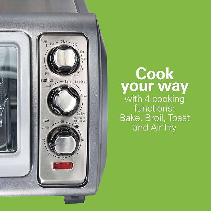 Hamilton Beach Air Fryer Toaster Oven Combo, Stainless Steel | Large Capacity, Fits 6 Slices or 12" Pizza, 4 Cooking Functions: Convection, Bake, Broil, Roll-Top Door