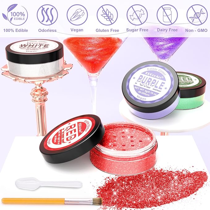ERCorArt Edible Glitter - 4 Colors Luster Dust Edible Glitter for Cocktails, Food Grade Cake Decorating Shimmering Glitter for Drinks, Powder Glitter for Chocolate, Fondant, Drinks, Painting - 5g