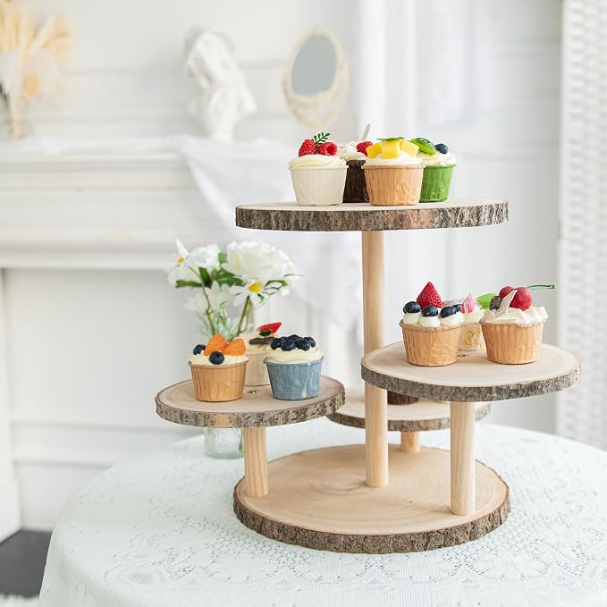 GENMOUS 4 Tiered Round Cake and Cupcake Stand Combo for Birthday Party Decor, Rustic Wooden Cupcake Tower Stands for 50 Cupcakes, Farmhouse Cupcake Tier Stand Display for Wedding Baby Shower Tea Party
