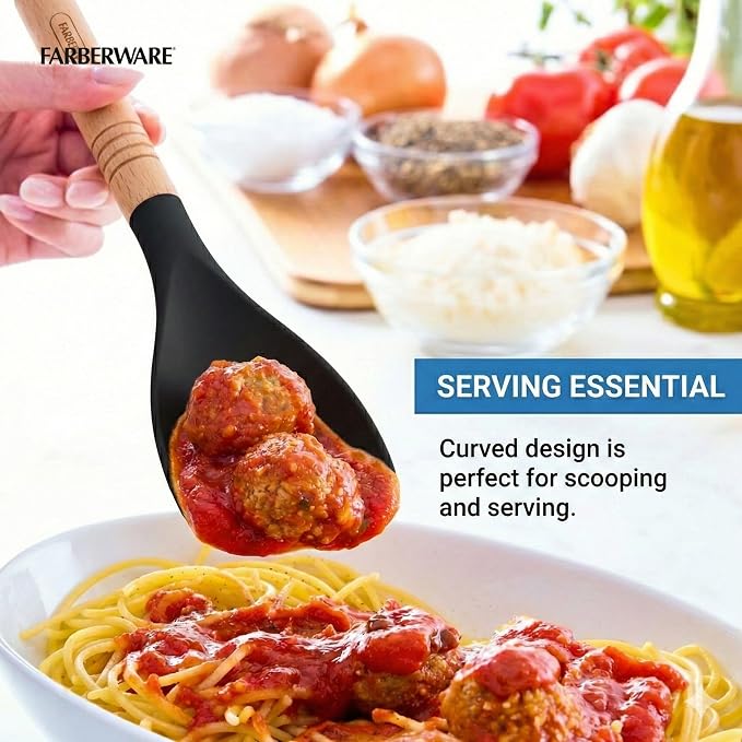 Farberware Pro Spoonula with Beechwood Handle, Black Silicone Scraper Spoon for Mixing, Scraping, and Serving - Kitchen Utensil with Hang Hole for Easy Storage