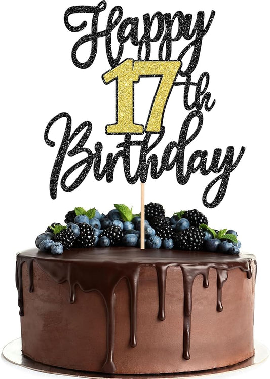 1 PCS Happy 17th Birthday Cake Topper Black Gold Glitter Cheers to 17 Years Birthday Cake Pick 17 Fabulous Cake Decoration for Happy 17th Birthday Anniversary Party Decorations Supplies