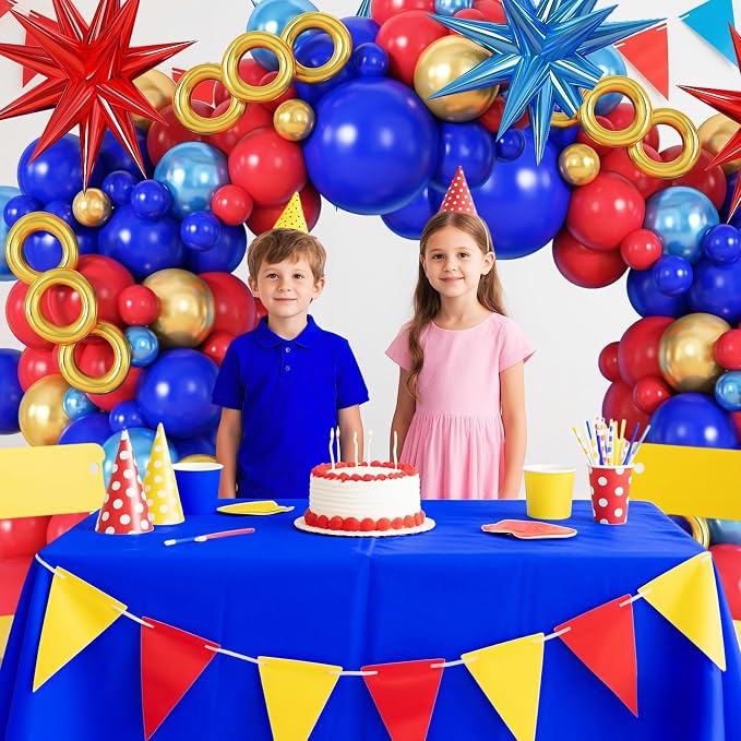 Red Blue Gold Balloons Arch Kit,Royal Blue Red Balloon Garland Kit with Star Balloon Foil Balloons for Boys Girls Birthday Party Decorations