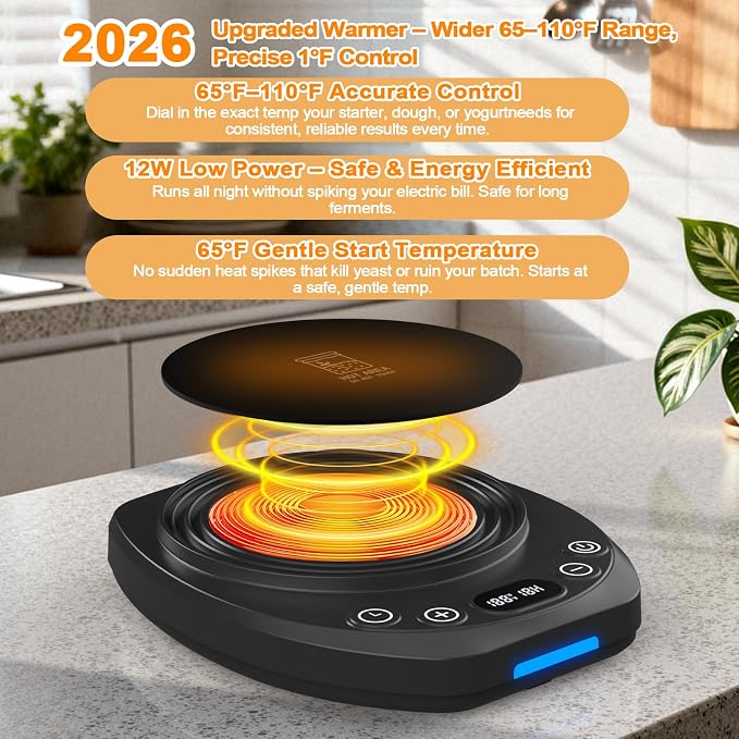 Sourdough Starter Warmer Mat,65-110°F 1°F Precision, 24H Timer & Memory, Electric Heating Mat for 24-40oz Jars, Home Baking（Black）