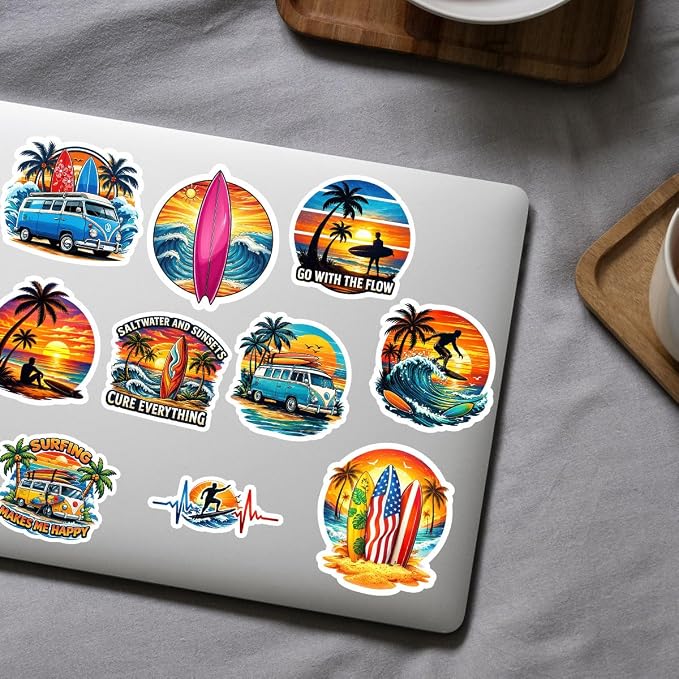 10pcs Surfing Sticker Pack – Fun Surfing Quotes and Designs – Perfect for Water Bottles, Laptops, Journals, and Gift for Surfers