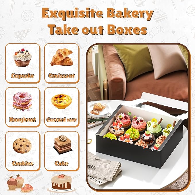 RYDDOY 4 Pack Cupcake Boxes, Hold 12 Standard Cupcakes, Black Cupcake Containers, Cupcake Holder with Window and Inserts for Birthday Holiday Party, Supplies for Cupcakes, Desserts and More