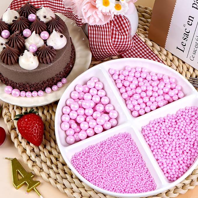 Dazzjoy Edible Pink Pearls Sugar Sprinkles, 150g/5.29oz, Pink Pearl Sprinkles for Cake Decorating, Cake Decoration & Cupcake Topper, Easter Party Holiday Supplies