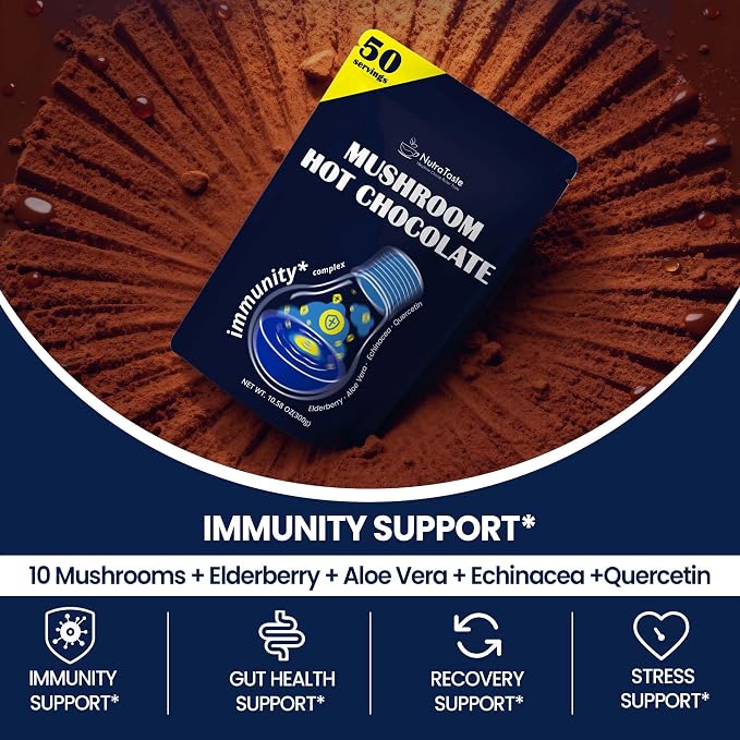 50 Servings Mushroom Hot Chocolate | 10 Mushrooms and Elderberry, Aloe Vera, Echinacea & Quercetin | Support Immunity, Gut & Stress Health | Cocoa Powder, No Melatonin | Vegan & Keto, Gluten-Free