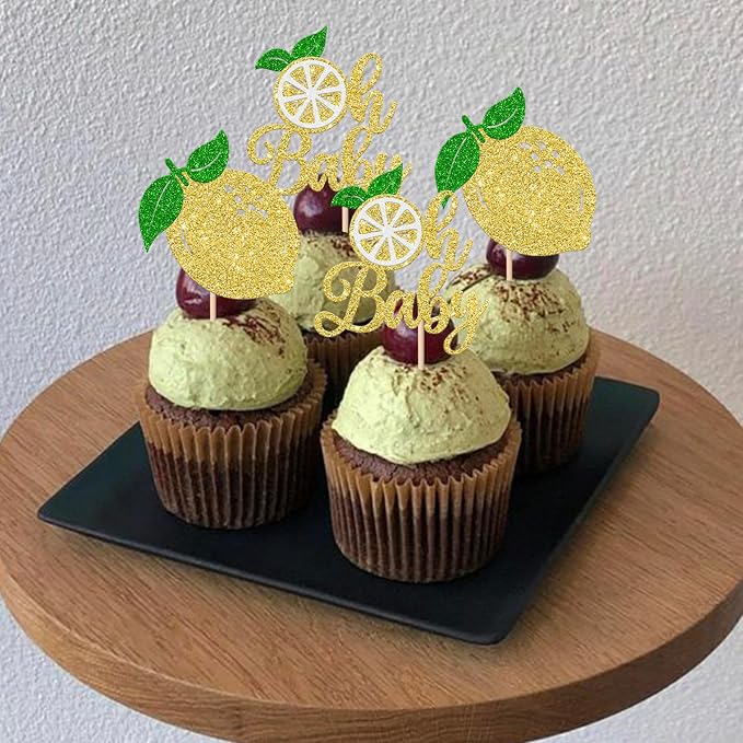 Rsstarxi 24 Pack Lemon Oh Baby Cupcake Toppers Gold Glitter Fruit Theme Oh Baby Lemonade Cupcake Picks for Lemon Theme Baby Shower Kids Birthday Party Cake Decorations Supplies