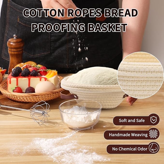 2 Pack Banneton Bread Baskets, Handmade Cotton Rope Weaving Sourdough Bread Baking Supplies, 10 inch Round & 10 inch Oval Bread Basket, Family Baking Tools with Liner