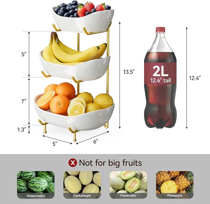 3 Tier Ceramic Fruit Bowl for Kitchen Counter – Fruit Basket with Gold Metal Stand , Fruit Holder for Snacks, Nuts, Cakes, Desserts, Bread, Candy Storage