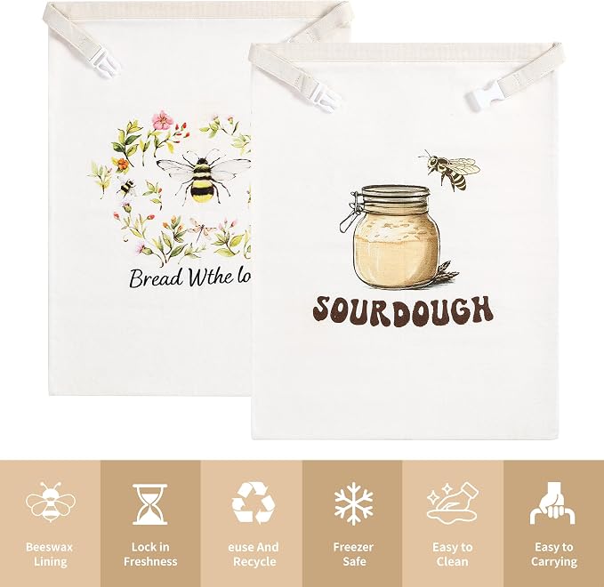 lorine Beeswax Bread Bags for Homemade Bread & Sourdough –17"×13" 2PC XL Eco-Friendly, Natural Food-Safe Storage Bag to Sourdough Bags with Sealing Zip to Keep